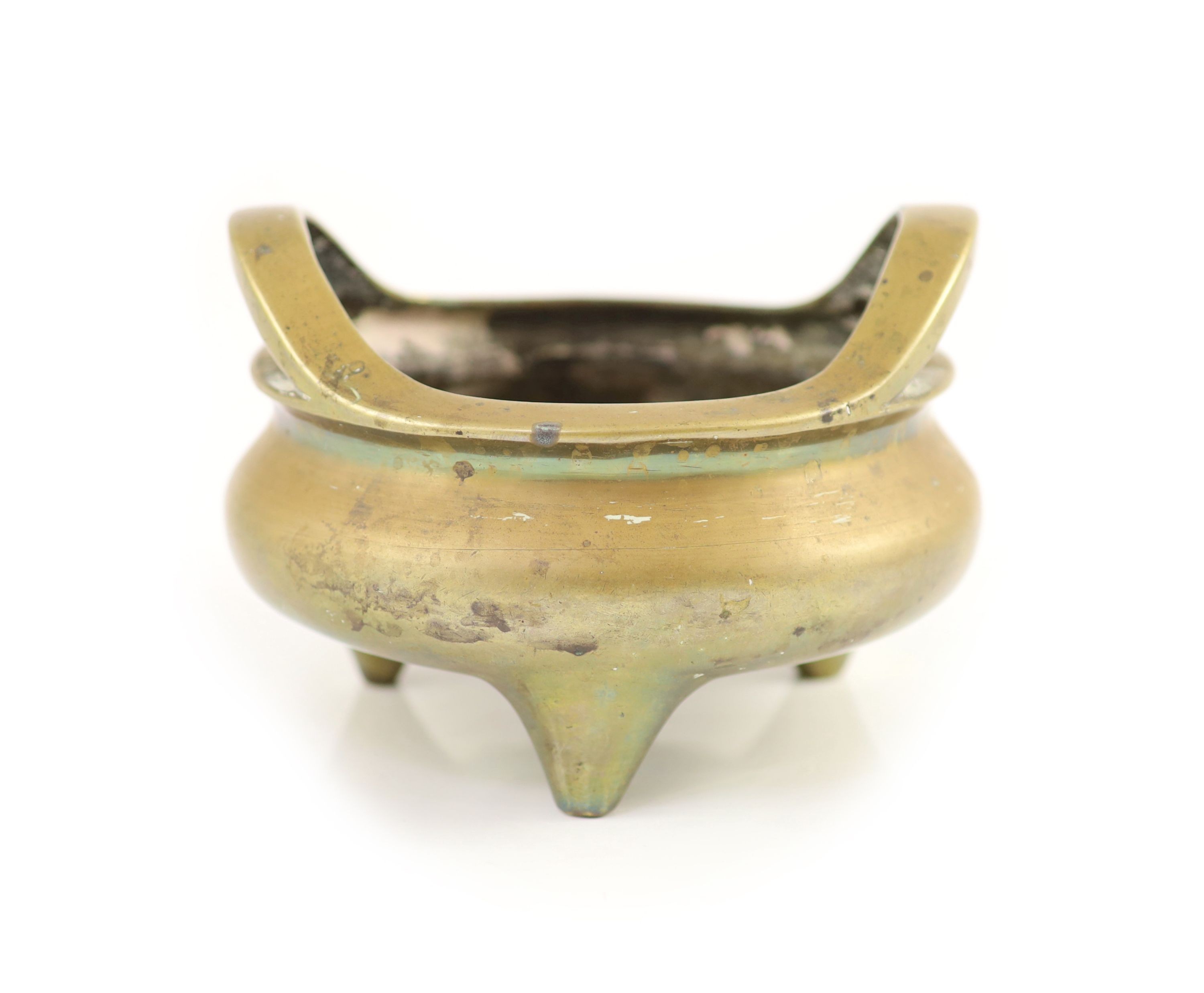 A large Chinese bronze tripod censer, ding, Xuande mark, Qing dynasty, 17cm wide